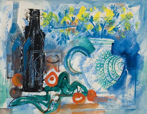 BYRON BROWNE Still Life with Bottles, Fruit and Vase.
